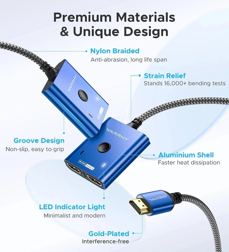 Warrky مفتاح HDMI 4K@60Hz مقسم 2 في 1 مخرج، [كابل HDMI مضفر ثابت بطول 3.3 قدم، علبة ألمنيوم، HDCP 2.2] مفتاح ثنائي الاتجاه 2x1 متوافق مع UHD لجهاز PS5/4، نينتندو سويتش، روكو، فايرستيك – أزرق - Image 5